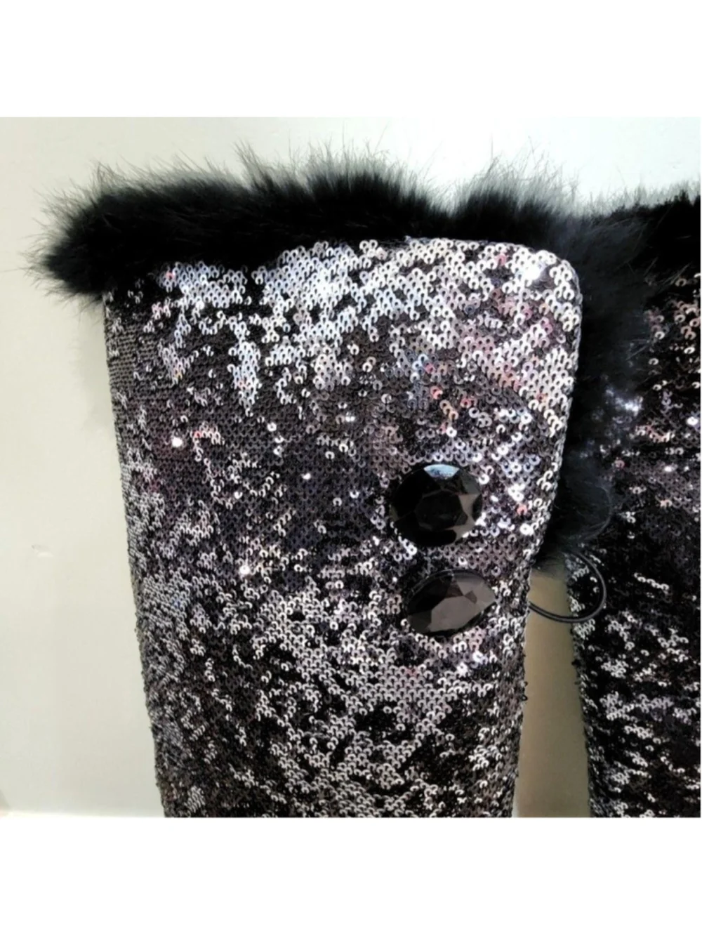 Sequin Snow Boots Womens 8 Black Over The Knee Faux Fur Wedge Winter Party